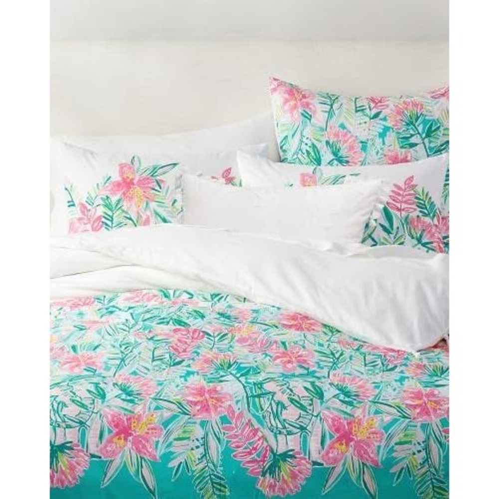 Lilly Pulitzer Pottery Barn King Duvet Set Tropical Floral Tassel Turquoise Pink